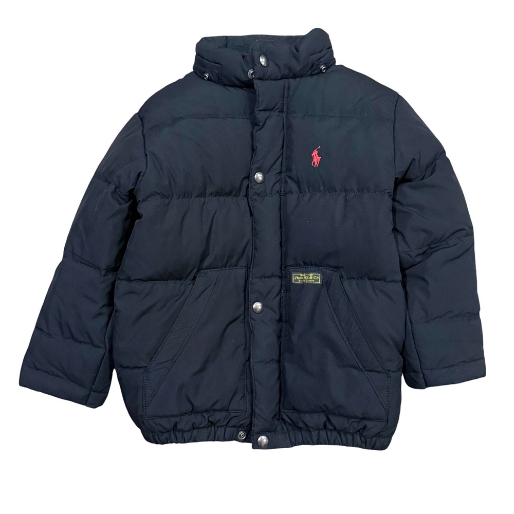 Polo Ralph Lauren Black Down Filled Puffer Coat Red Logo Size 5 No Hood